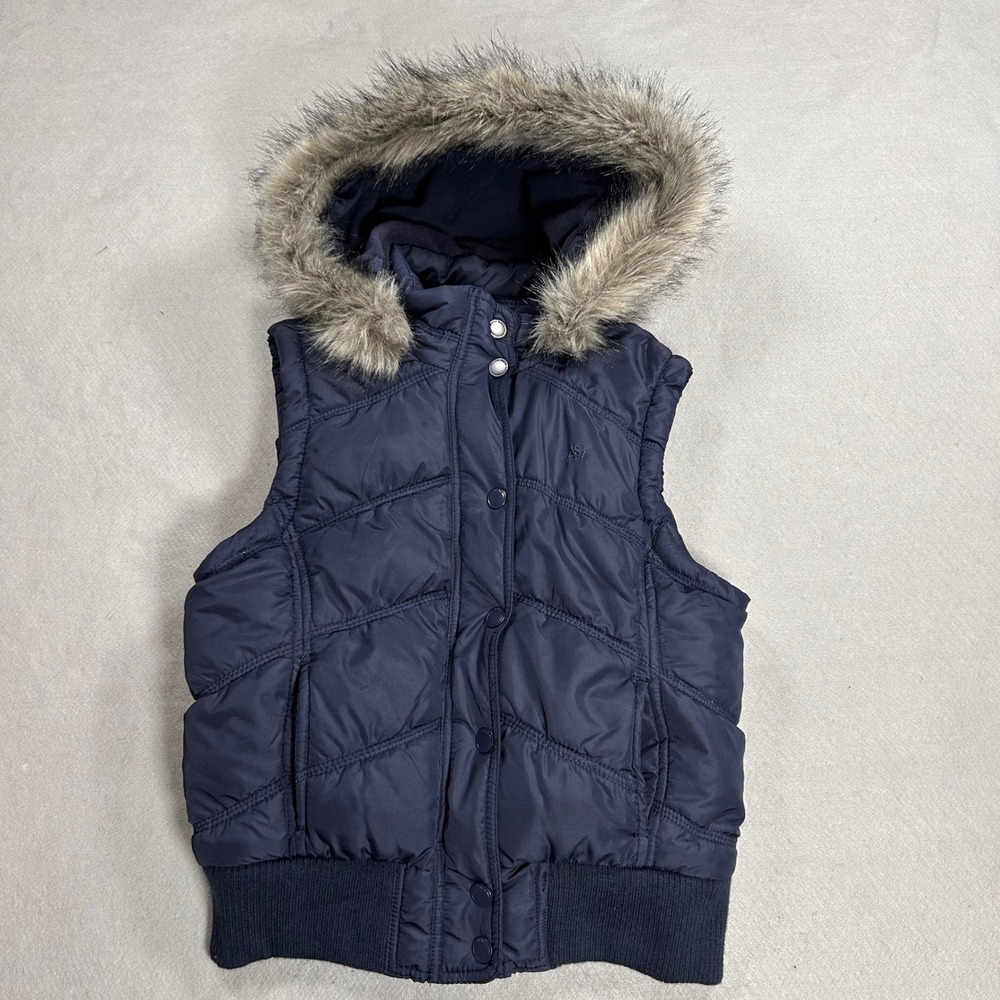 Aeropostale Navy Blue Puffer Vest Faux Fur Hood Plaid Lining Juniors Large